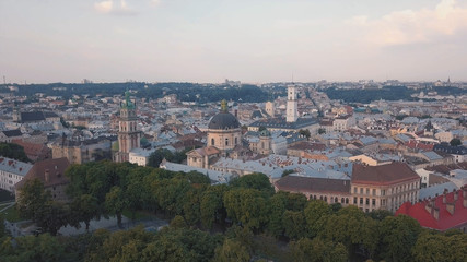 Fototapeta na wymiar Aerial City Lviv, Ukraine. European City. Popular areas of the city. Town Hall