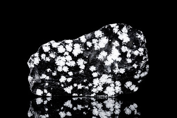 Schneeflockenobsidian Rohstein vor Hintergrund schwarz, Mineralien und Heilsteine