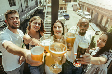 Young group of friends drinking beer, having fun, laughting and celebrating together. Women and men with beer's glasses in sunny day. Oktoberfest, friendship, togetherness, happiness, summer concept.