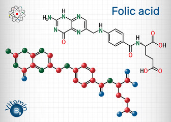 Obraz premium Folic acid, folate molecule. It is known as vitamin B9. Sheet of paper in a cage. Structural chemical formula and molecule model