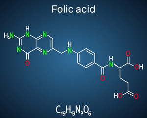 Folic acid, folate molecule. It is known as vitamin B9. Structural chemical formula on the dark blue background
