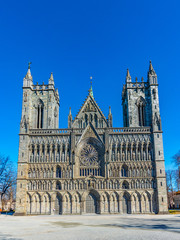 View of the main facade of Nidaros cathedral in trondheim, Norway