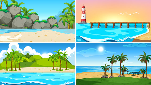 Set of tropical ocean nature scenes with beaches