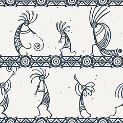 Hand drawn Kokopelli seamless pattern. Stylized mythical characters playing flutes.