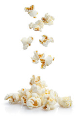 Falling popcorn, isolated on white background