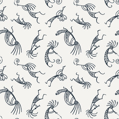 Hand drawn Kokopelli seamless pattern. Stylized mythical characters playing flutes.