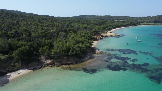 Aerial view of Porquerolles island in National park of Port Cros, view of Notre Dame Beach