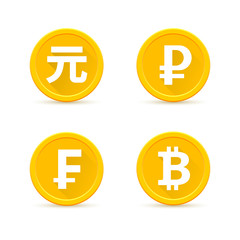 Obraz premium Chinese yuan, russian ruble, swiss franc, bitcoin. Set of coins