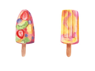 Hand drawn watercolor Ice cream set popsicles with fruits