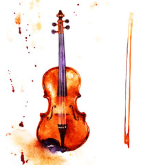 Violine. Music instrument watercolor illustration on white background