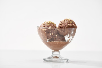 delicious chocolate ice cream in glass bowl isolated on white