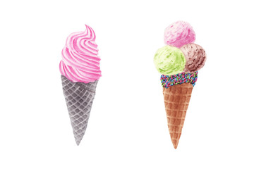 Hand drawn watercolor Ice cream set waffle cones with topping