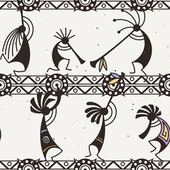 Hand drawn Kokopelli seamless pattern. Stylized mythical characters playing flutes.
