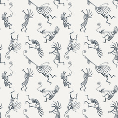 Hand drawn Kokopelli seamless pattern. Stylized mythical characters playing flutes.