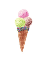 Hand drawn watercolor Ice cream in waffle cone.