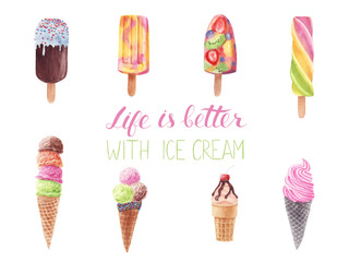 Hand drawn watercolor Ice cream set with brush calligraphy