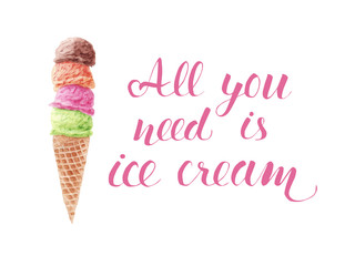 Hand drawn watercolor Ice cream in waffle cone.