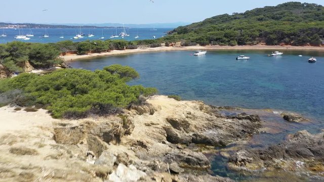 Aerial view of Porquerolles island in National park of Port Cros, view of  grand Langoustier beach