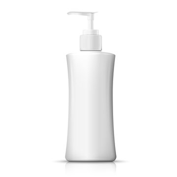 Vector 3d realistic white plastic bottle with pump cap. Mock-up for product package branding.