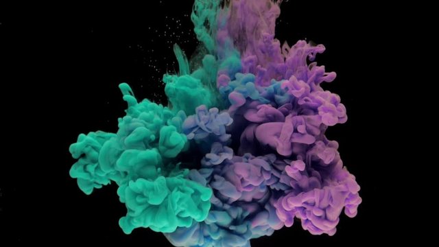 Colorful turquoise and violet ink rise up in the water, swirling softly underwater on black background. Acrylic cloud of paint isolated. Abstract smoke explosion animation. Timelapse. Slow motion.