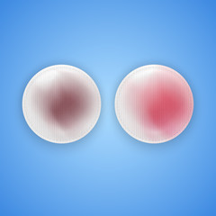 Cotton pads on blue background, dirty and used cotton pads for makeup cleansing, skin care, Realistic vector illustration