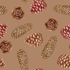 Seamless pattern. Acrylic drawing of cones on a brown background. Realistic drawing. Botanical sketches. Vintage style. Element for design of cards, wrapping paper, scrapbooking, etc.