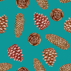 Seamless pattern. Acrylic drawing of cones on a blue background. Realistic drawing. Botanical sketches. Vintage style. Element for design of cards, wrapping paper, scrapbooking, etc.