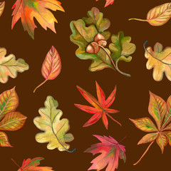 Obraz na płótnie Canvas Autumn seamless pattern. Beautiful background with fallen leaves. Realistic drawing with acrylic paints. Vintage style. Ideal for postcards, wrapping paper, fabric and other designs.