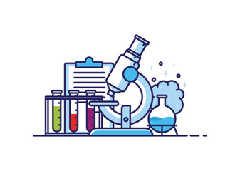Laboratory equipment: microscope, flask, bulb and clipboard with sheet. Scientific vector illustration in flat style with wide outline.
