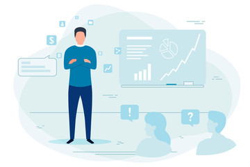 Vector illustration - confident man showing presentation in office, answering questions.  Banner, poster template with place for your text.
