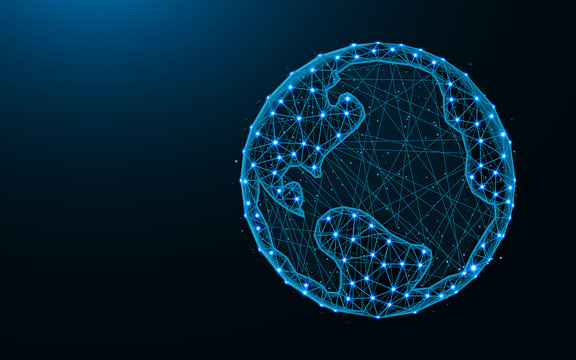 Planet Earth low poly design, Science abstract geometric image, astrology wireframe mesh polygonal vector illustration made from points and lines on dark blue background