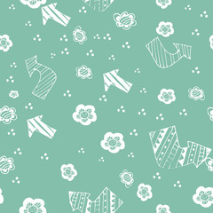 Vector seamless pattern with arrows and flowers in white and green colors