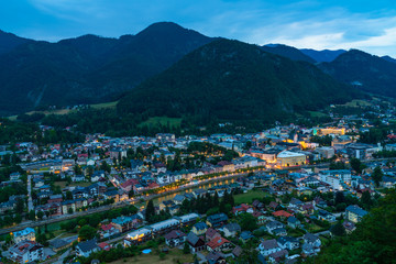Fototapeta na wymiar Panoramic view of Bad Ischl in Austria from Siriuskogl at dusk.