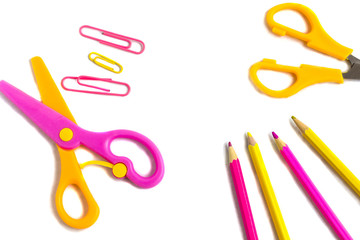 Education or back to school concept. Colorfull school supplies on white background