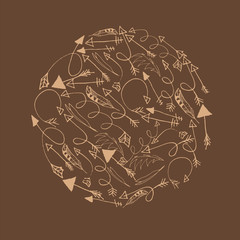 Vector rounded shape in brown colors with arrows in doodle style. Perfect for sketch style graphics, posters, print and fabric, backgrounds and cards