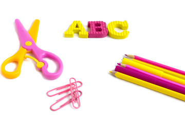 Education or back to school concept. Colorfull school supplies on white background