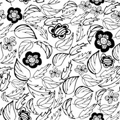 Vector seamless pattern with leaves and flowers in black and white colors
