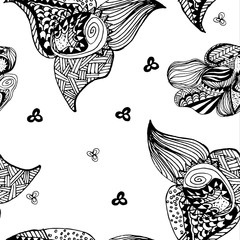 Seamless vector pattern with doodle abstract shapes in black and white colors