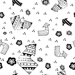 Vector seamless pattern with doodle arrows and flowers on a white background