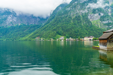 Fototapeta premium View of Hallstatt, a village on Hallstatter Lake in Gmuden district in Austria's Salzkammergut region.