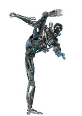 ninja robot in round kick in a white background