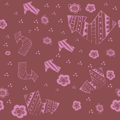 Vector seamless pattern with doodle arrows and flowers in red and pink colors