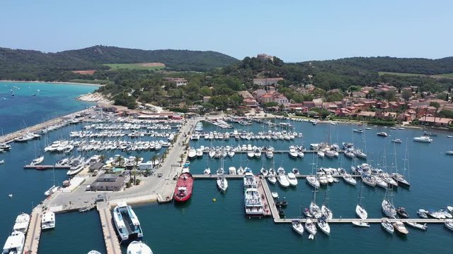 Aerial view of Porquerolles island in National park of Port Cros, view of Notre Dame Beach