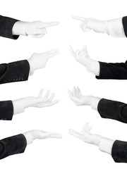 Man hands in white glove and black suit set isolated with clipping path