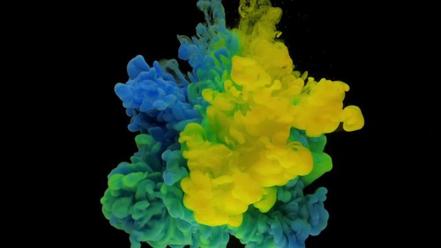 Colorful blue and yellow ink drops from above mixing in water, swirling softly underwater on black background. Acrylic cloud of paint isolated. Abstract smoke explosion animation Timelapse Slow motion