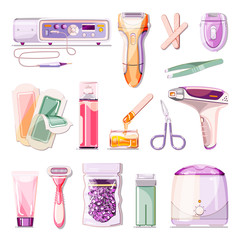Hair removal methods vector cartoon illustration. Beauty salon epilation and depilation icons set.
