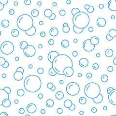 Bubbles vector seamless pattern with flat line icons. Blue white color soap texture. Fizzy water background, abstract effervescent effect wallpaper