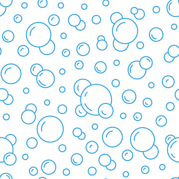 Bubbles vector seamless pattern with flat line icons. Blue white color soap texture. Fizzy water background, abstract effervescent effect wallpaper