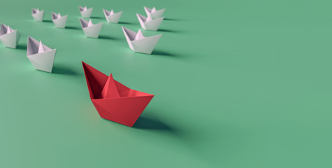 3D illustration of leadership concept, a red paper boat on the right side lead a group of white paper boat on line from left to right
