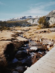 Landscape of the snowy mountains, an extensive field and a river.